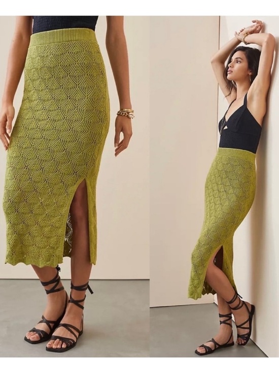 Anthropologie Dresses & Skirts - Anthropologie Womens Small Green Crochet Knit Pull on Midi Skirt